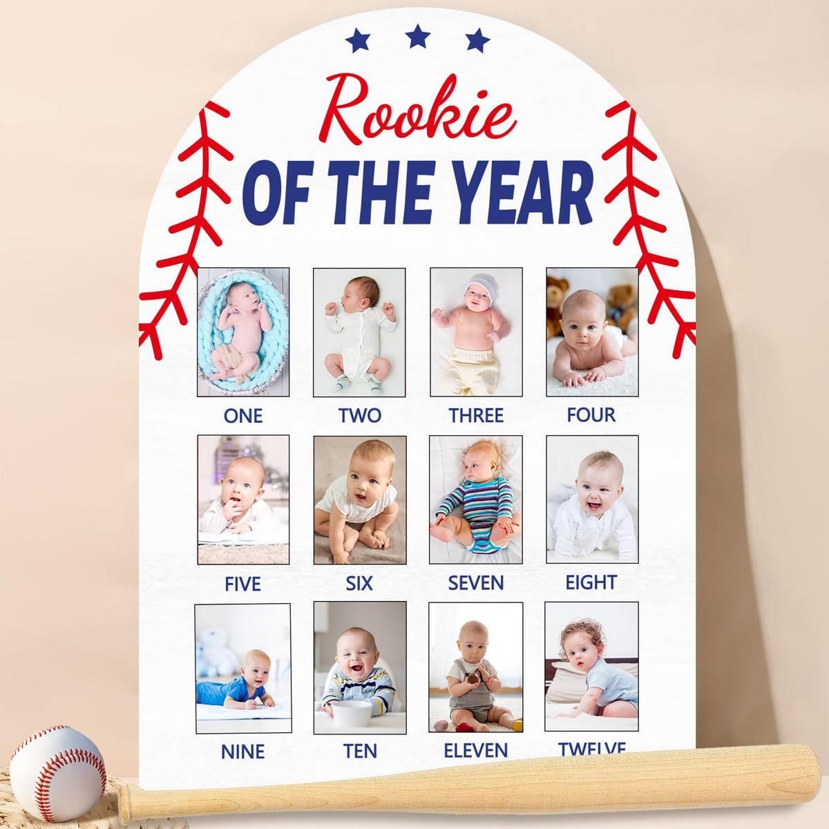 Naozinebi Baseball First Year Photo Board with a sturdy wooden base for keepsake memories