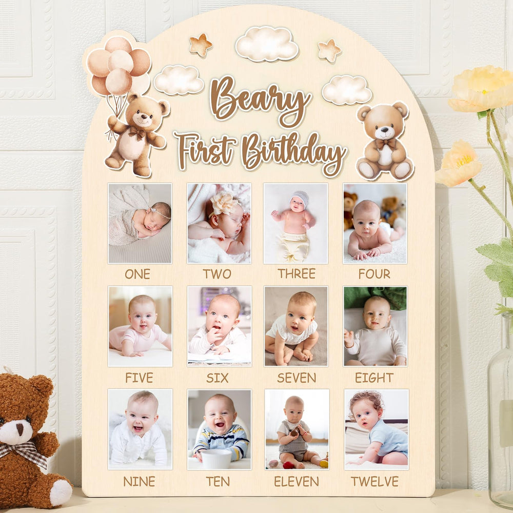 Naozinebi Beary First Birthday Board timeline display for baby keepsake