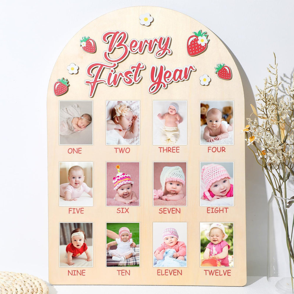 Naozinebi Berry First Year Photo Board with strawberry pattern displays monthly milestones for a keepsake display.