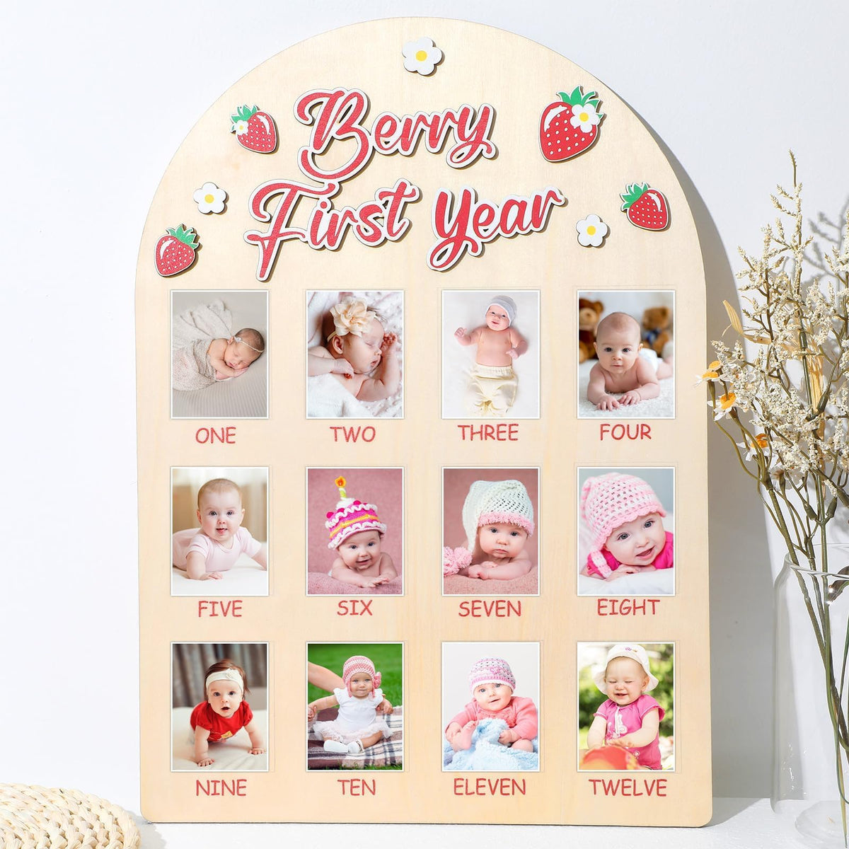 Naozinebi Berry First Year Photo Board with strawberry pattern displays monthly milestones for a keepsake display.