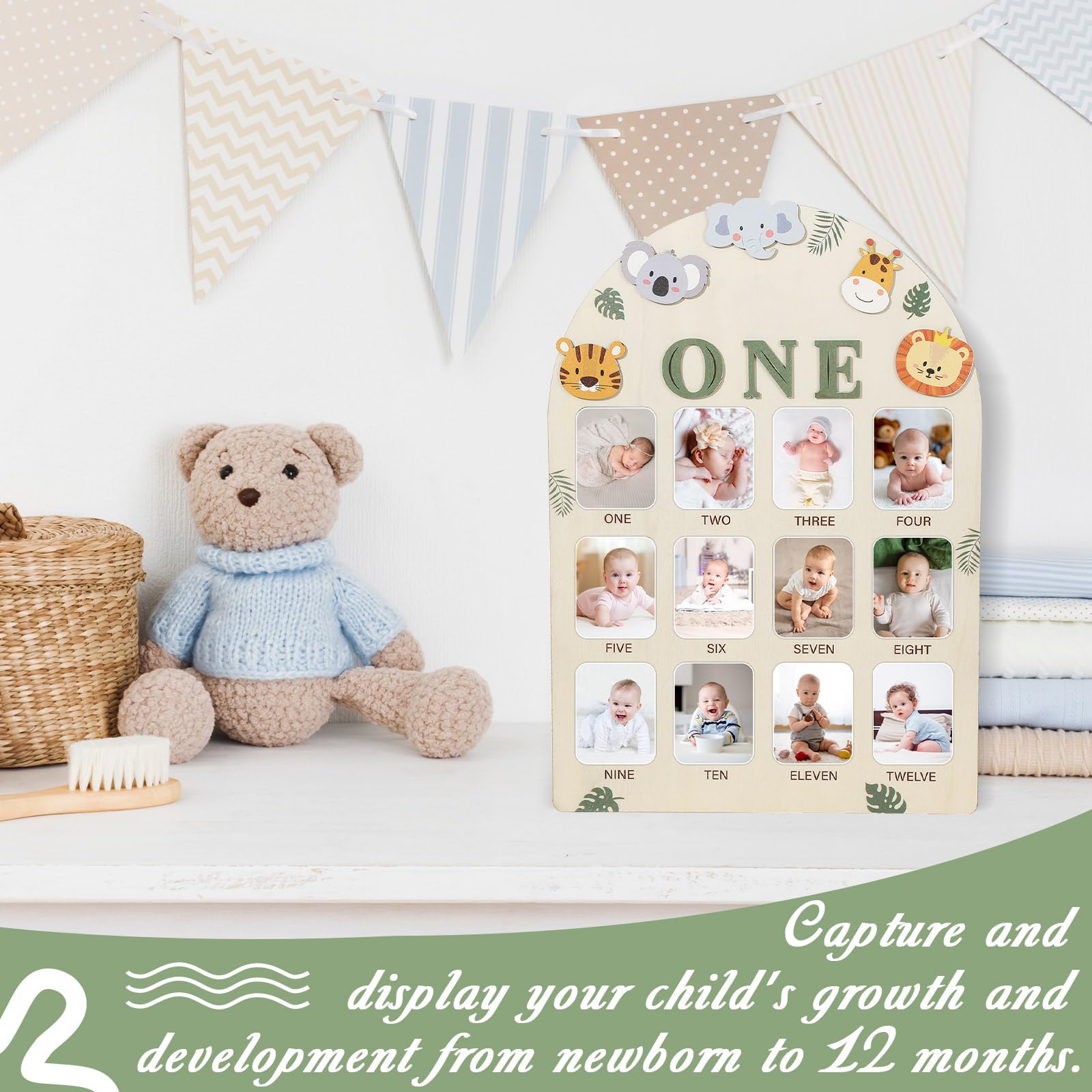 Naozinebi birthday party keepsake decor showcasing baby's growth timeline.