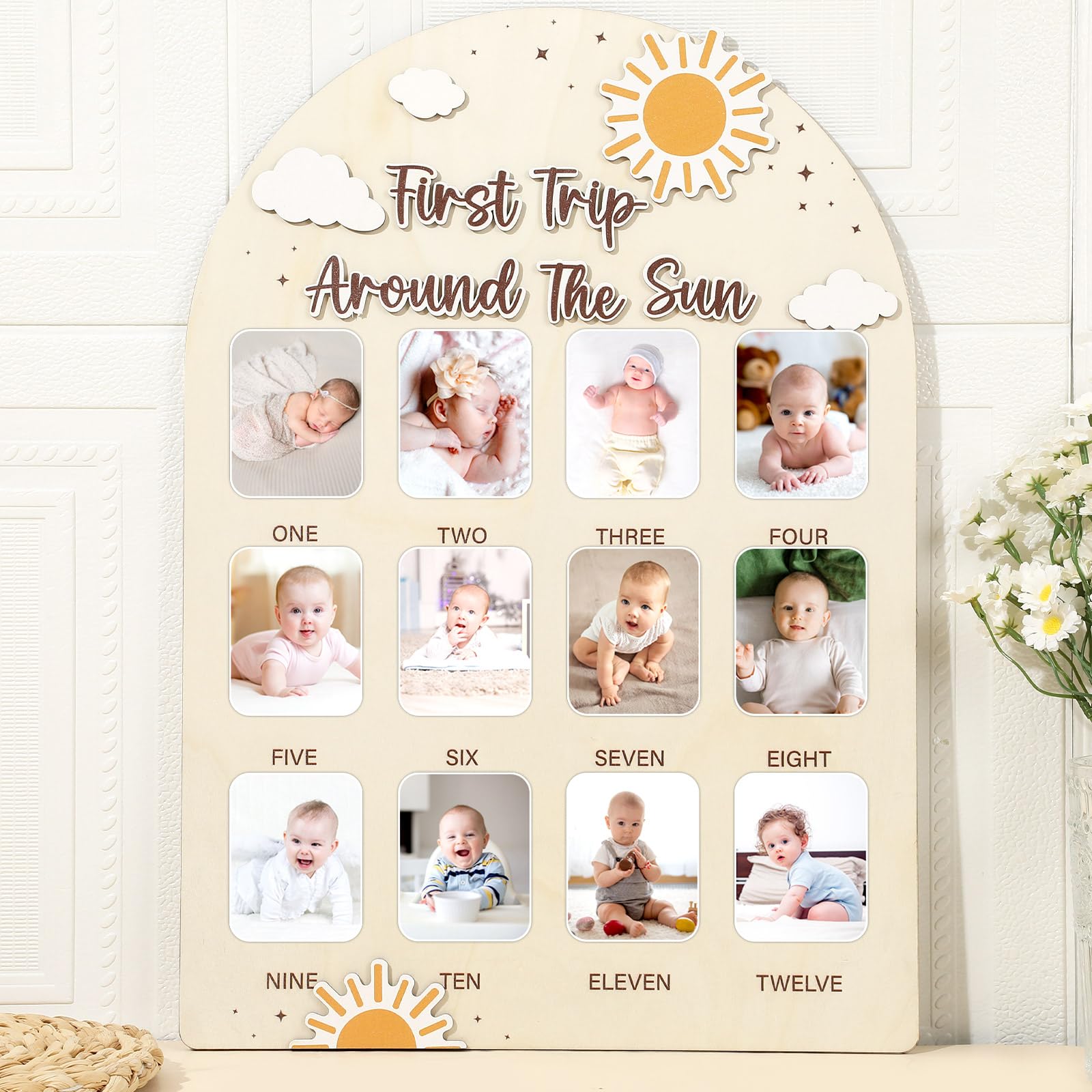 Naozinebi first trip around the sun photo board highlights monthly milestones for a keepsake.