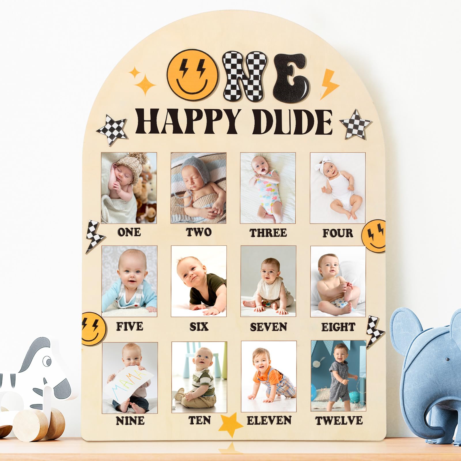 Naozinebi One Happy Dude photo board full view showing its warm wooden frame and neutral smile design.