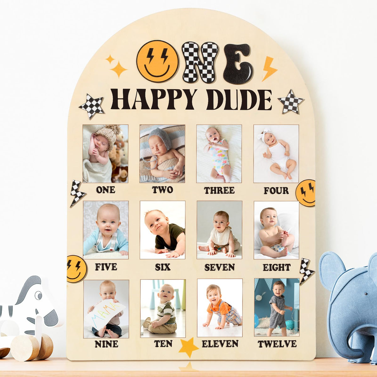 Naozinebi One Happy Dude photo board full view showing its warm wooden frame and neutral smile design.