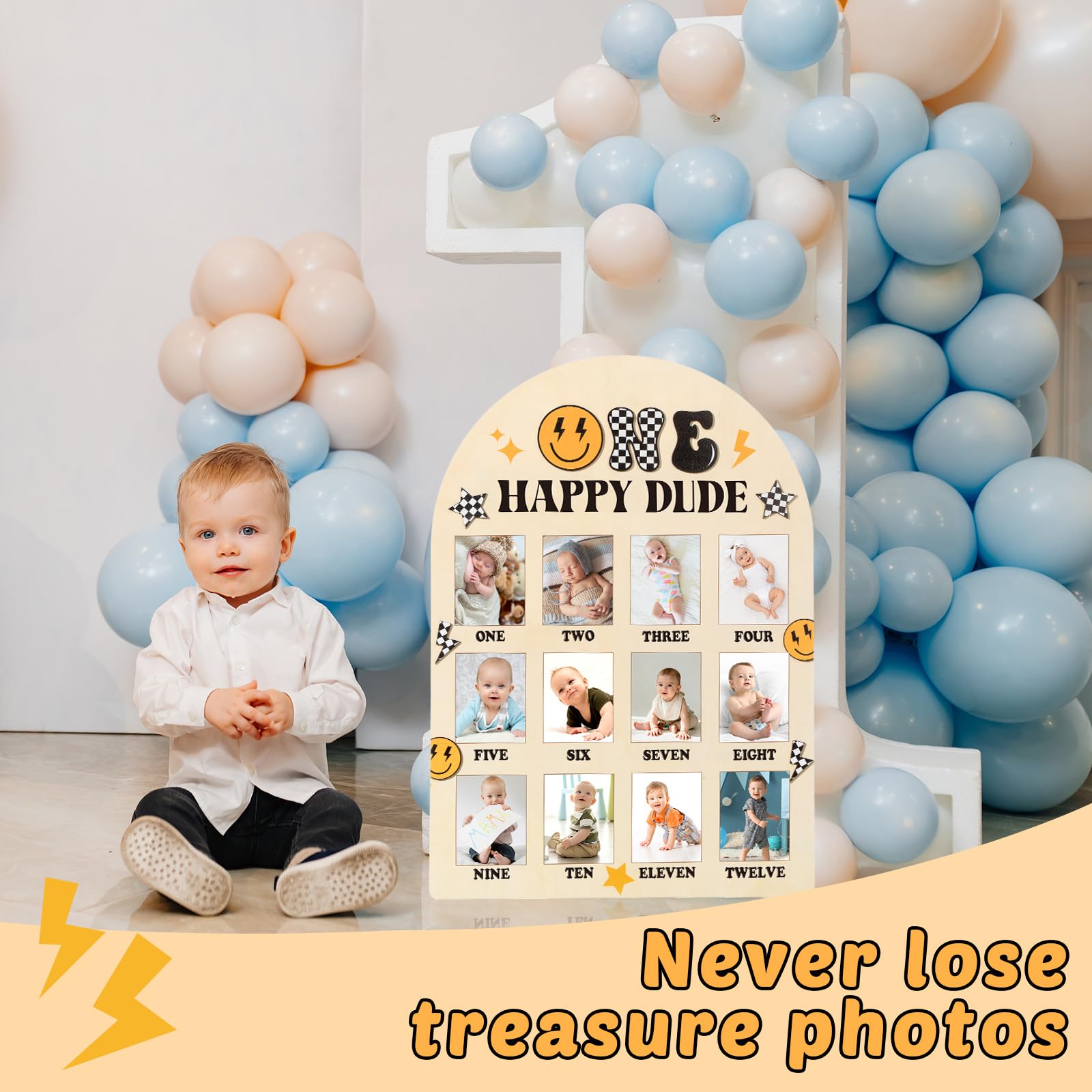 Naozinebi One Happy Dude photo board used as party backdrop for a first birthday celebration.