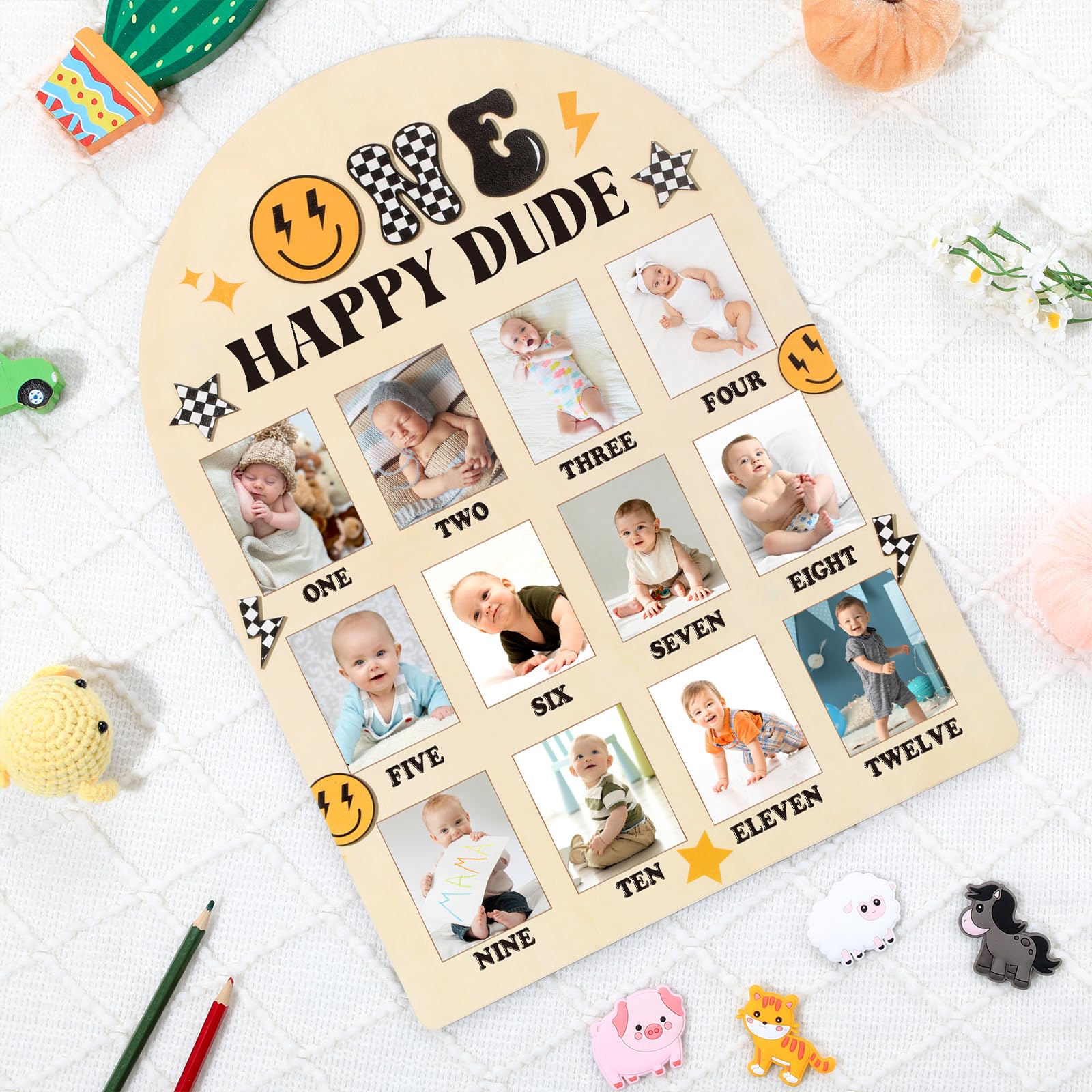 Naozinebi One Happy Dude photo board wooden frame detail with smooth finish.