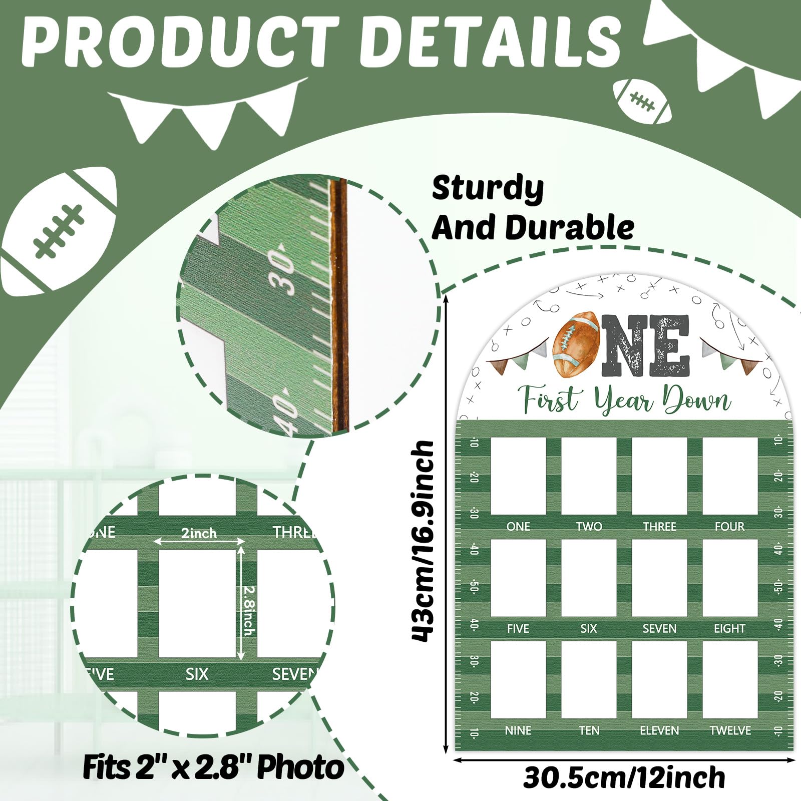 Naozinebi one year down photo frame showcases 12 months in a football-themed keepsake.