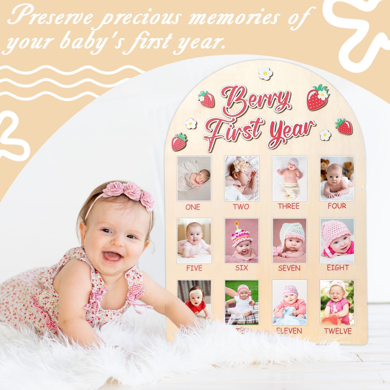 Naozinebi One-year photo banner creates a memorable timeline for your baby’s growth.