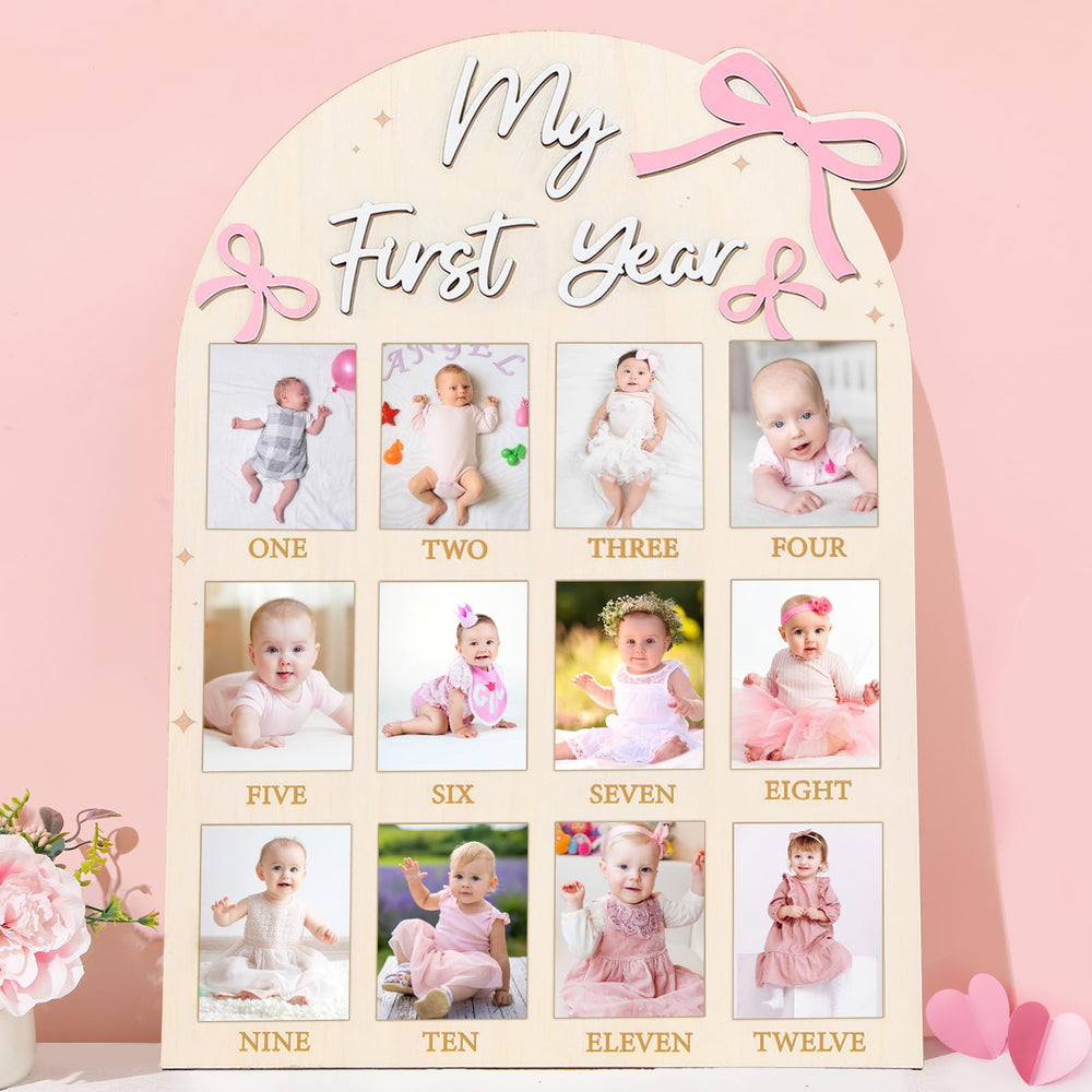 Naozinebi pink bow first year photo board view for milestone display