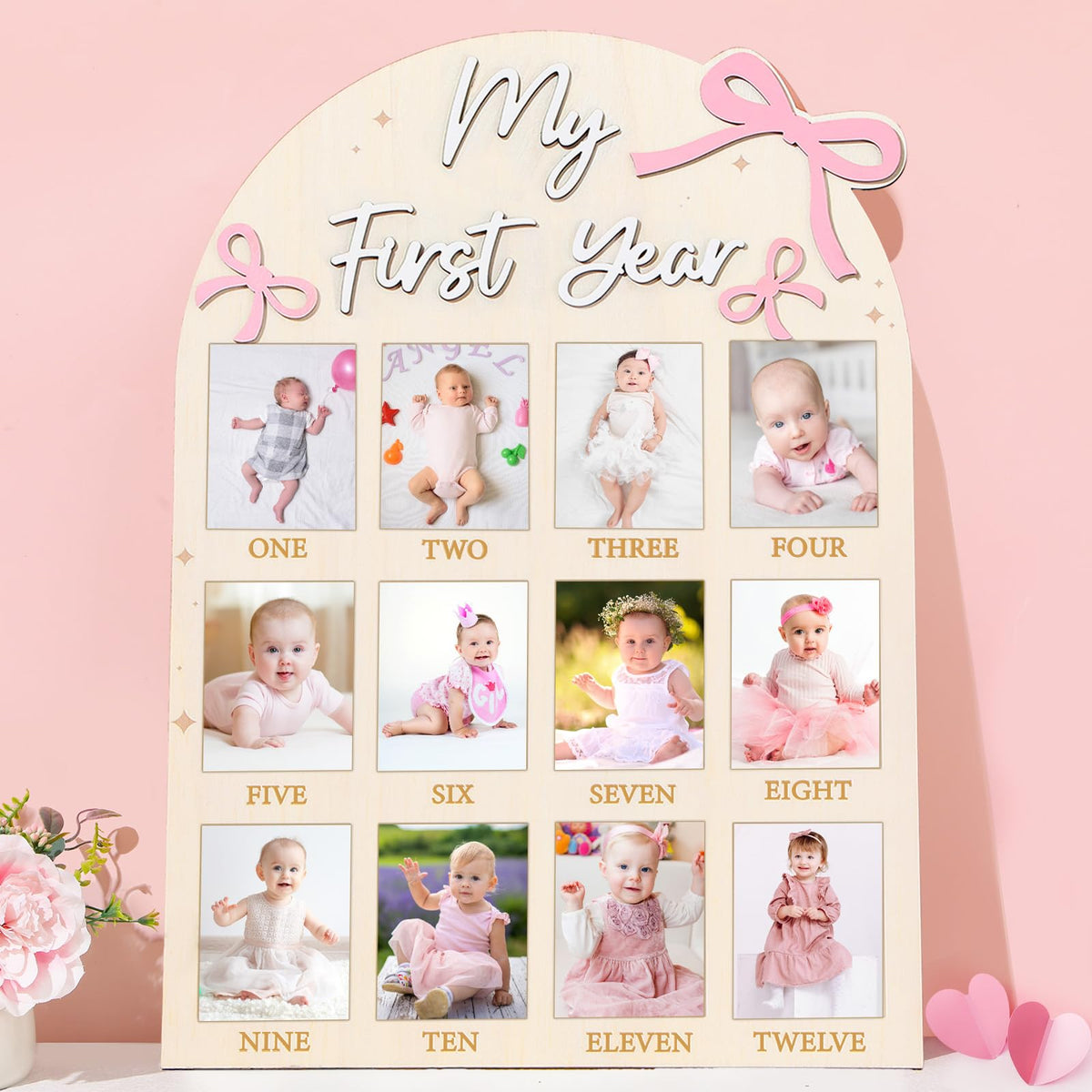 Naozinebi pink bow first year photo board view for milestone display