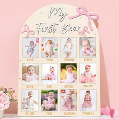 Naozinebi pink bow first year photo board view for milestone display