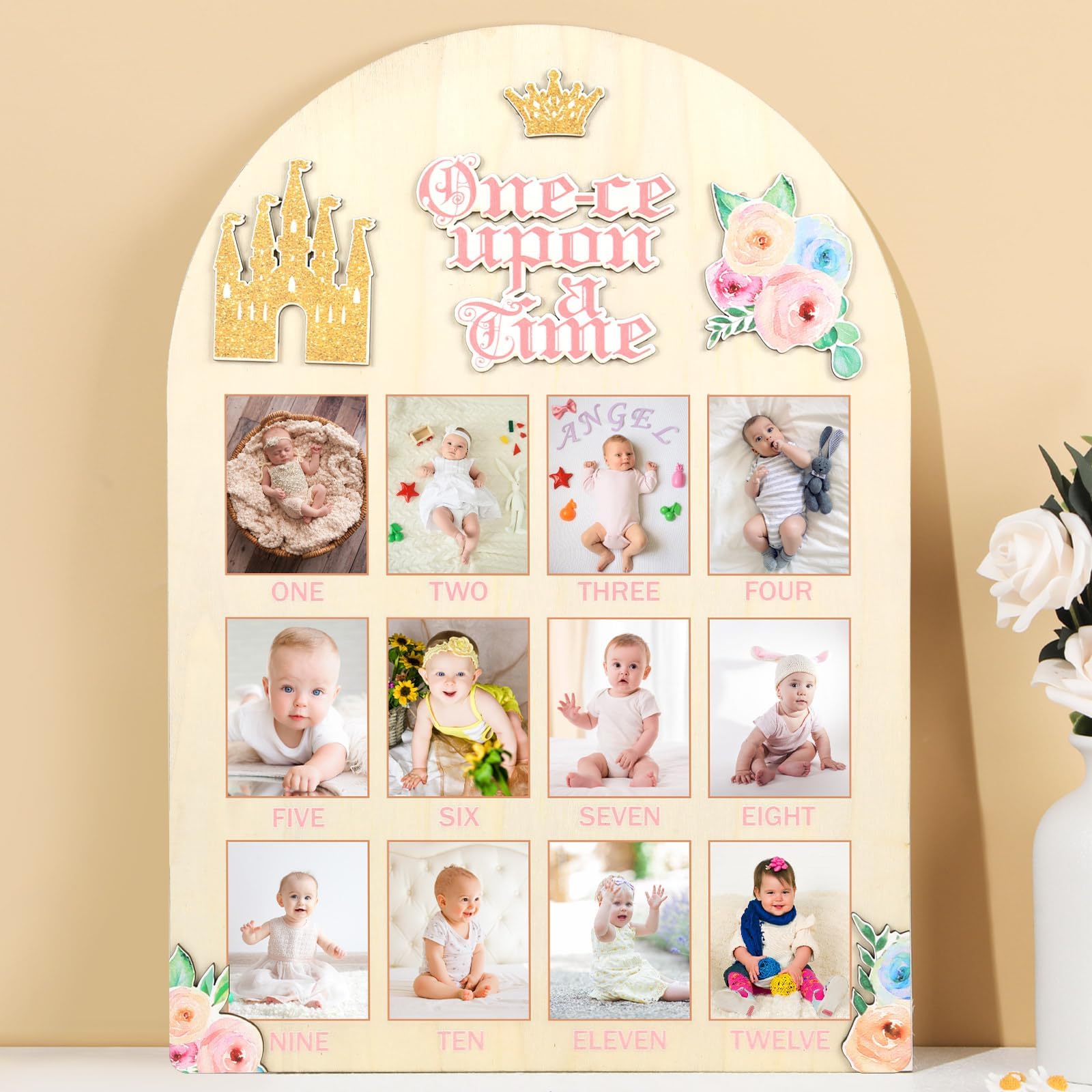 Naozinebi Princess First Year Board with crown castle, ideal for monthly milestone photos