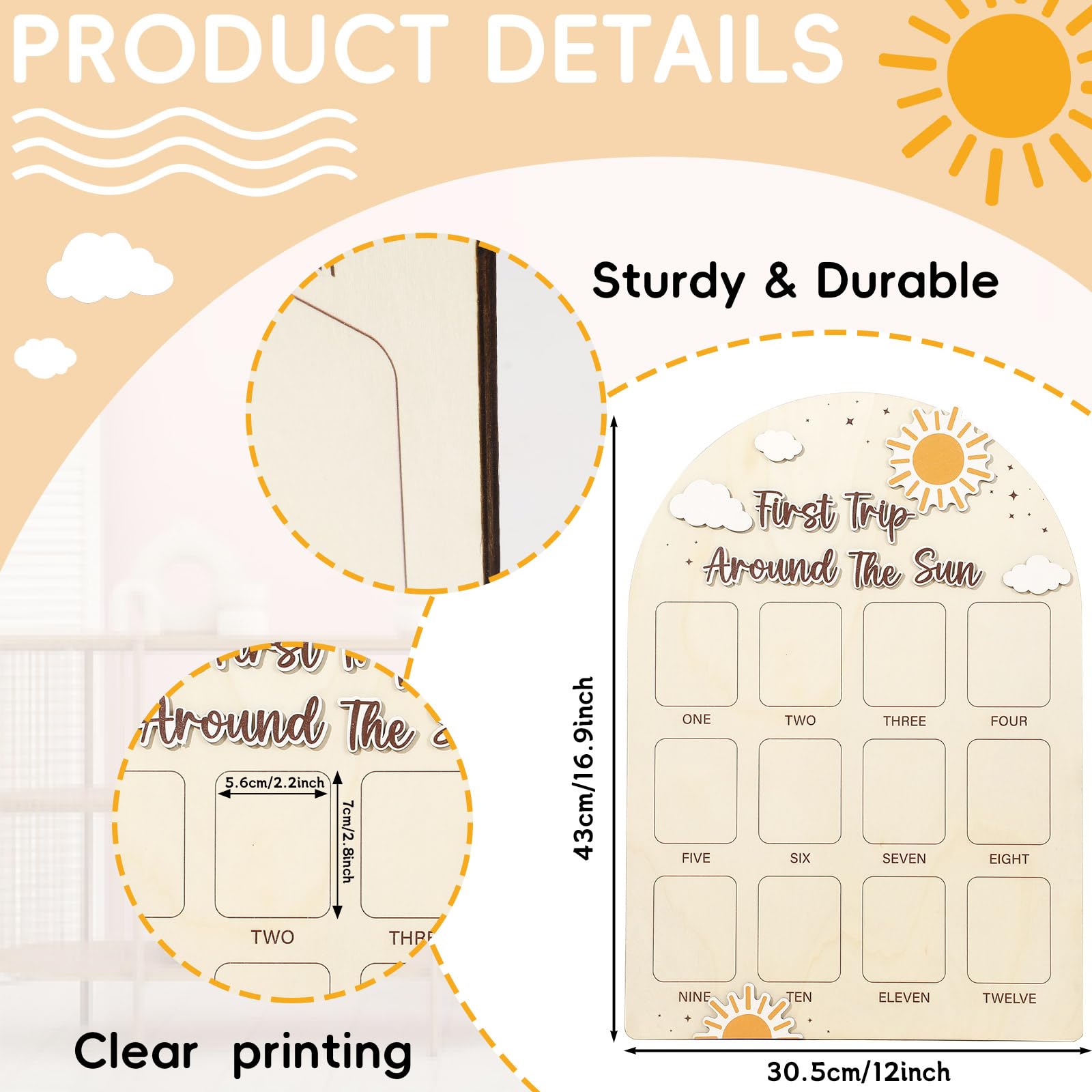 Naozinebi sun theme milestone frame showcasing twelve monthly memories in a stylish display.