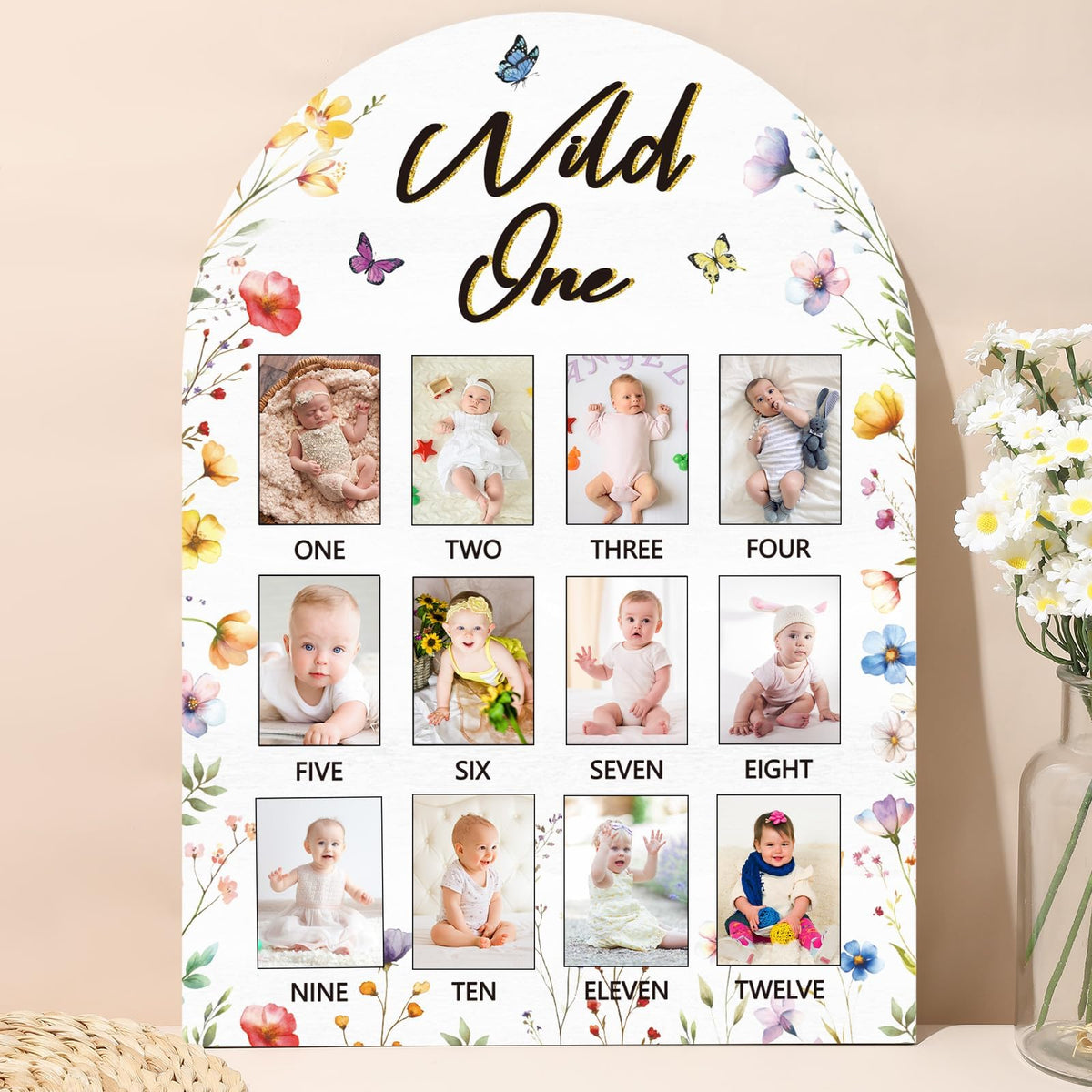 Naozinebi Wildflower One photo board showing 12 monthly memories for baby's first year.