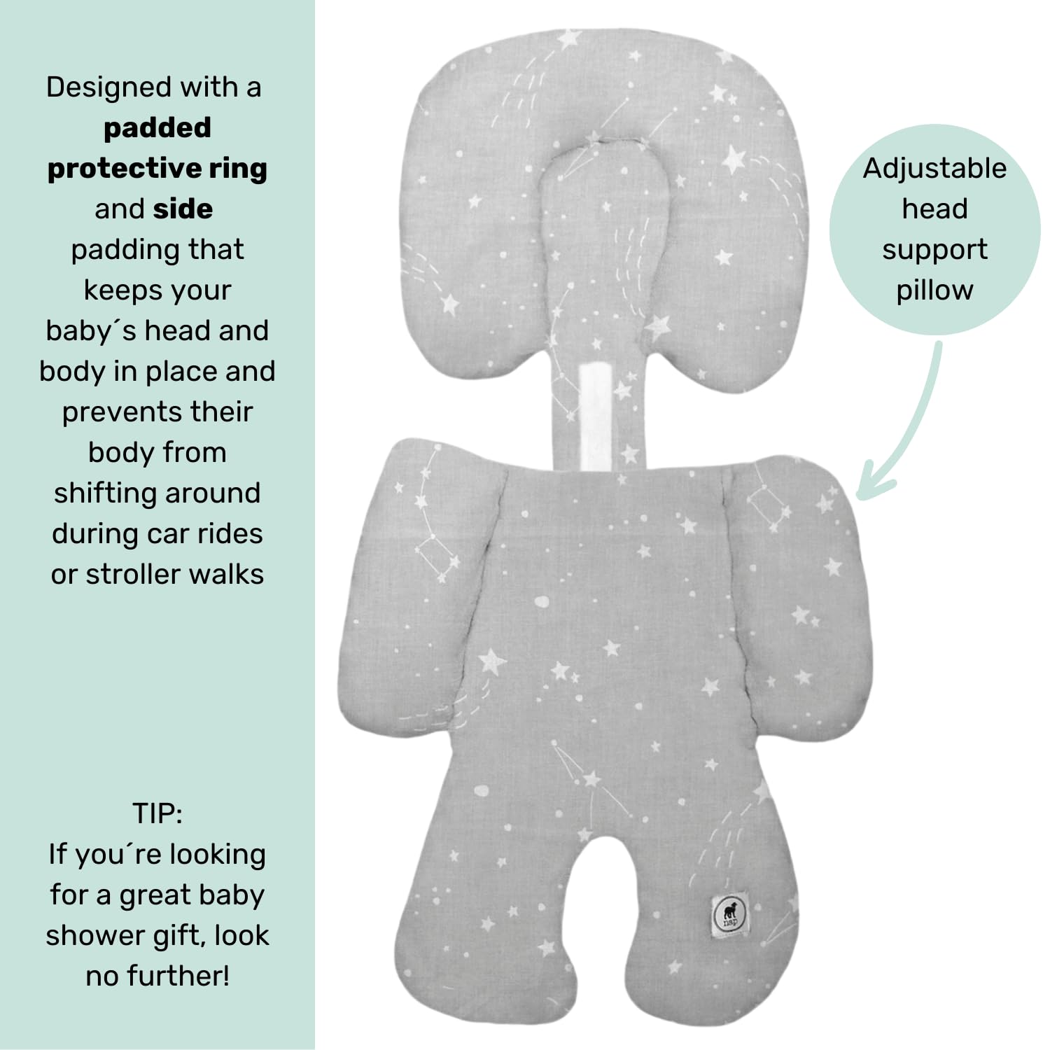 NAP infant head support fits car seats, strollers, and bouncers for versatile use