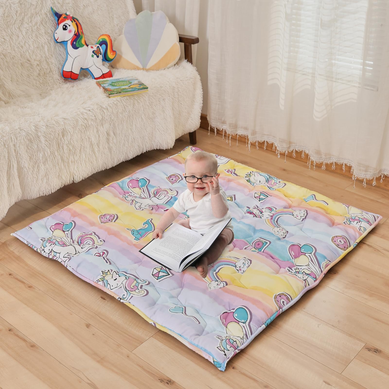 NapCure Unicorn Play Mat in a living room ready for tummy time adventures