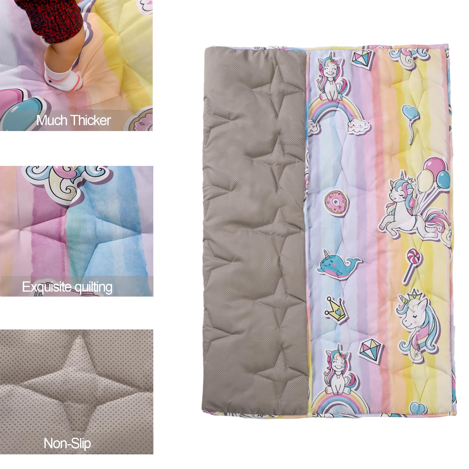 NapCure Unicorn Play Mat back with non-slip grip for stable crawling on floors