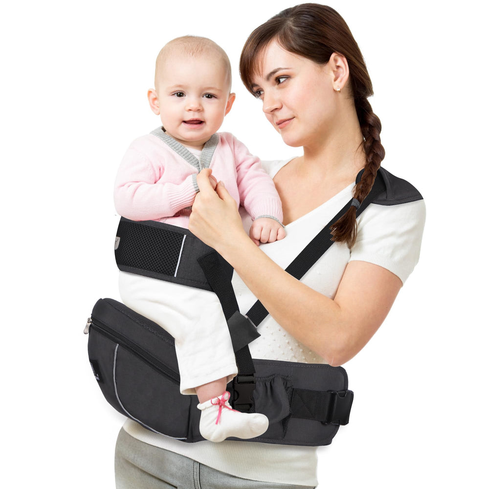NASSBON baby hip seat carrier shows ergonomic design for comfortable carries