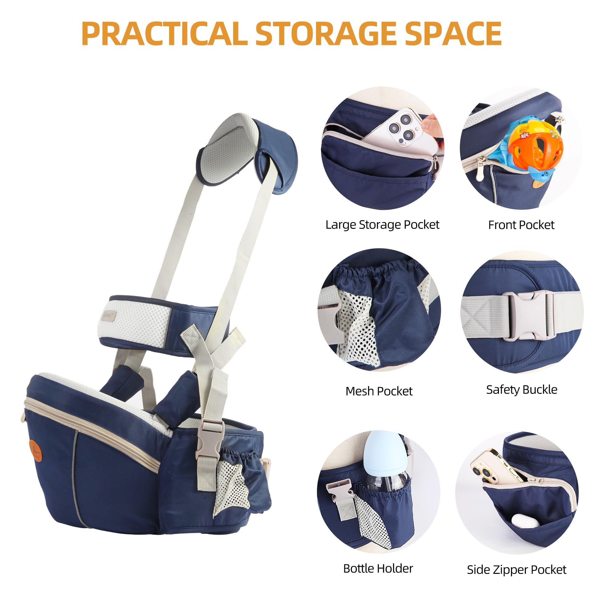 NASSBON hip seat with shoulder straps supports hands-free carrying and versatile positions