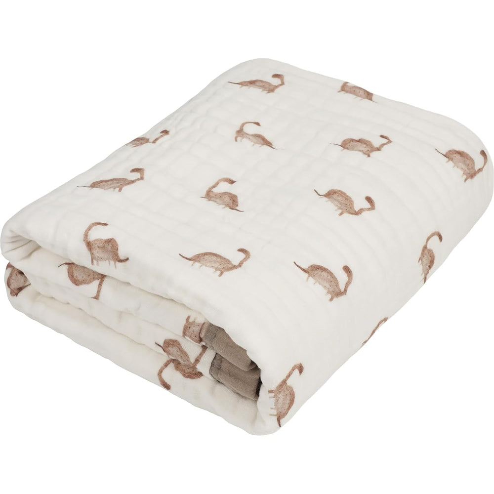 Natchiketa dinosaur organic cotton muslin blanket offers soft, breathable comfort for naps and cuddles.