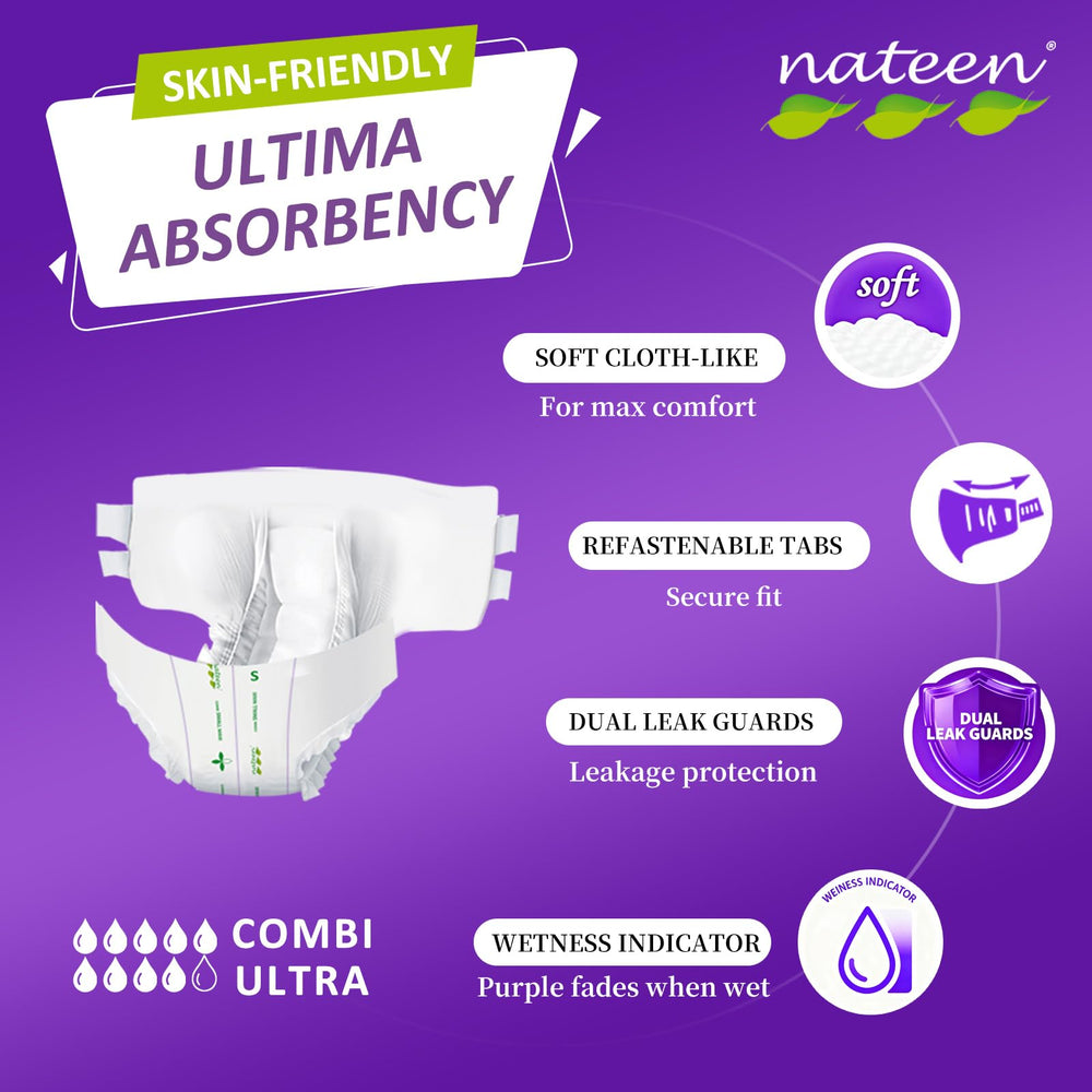 Nateen Combi Ultra with Tabs: adjustable secure fit for caregivers.
