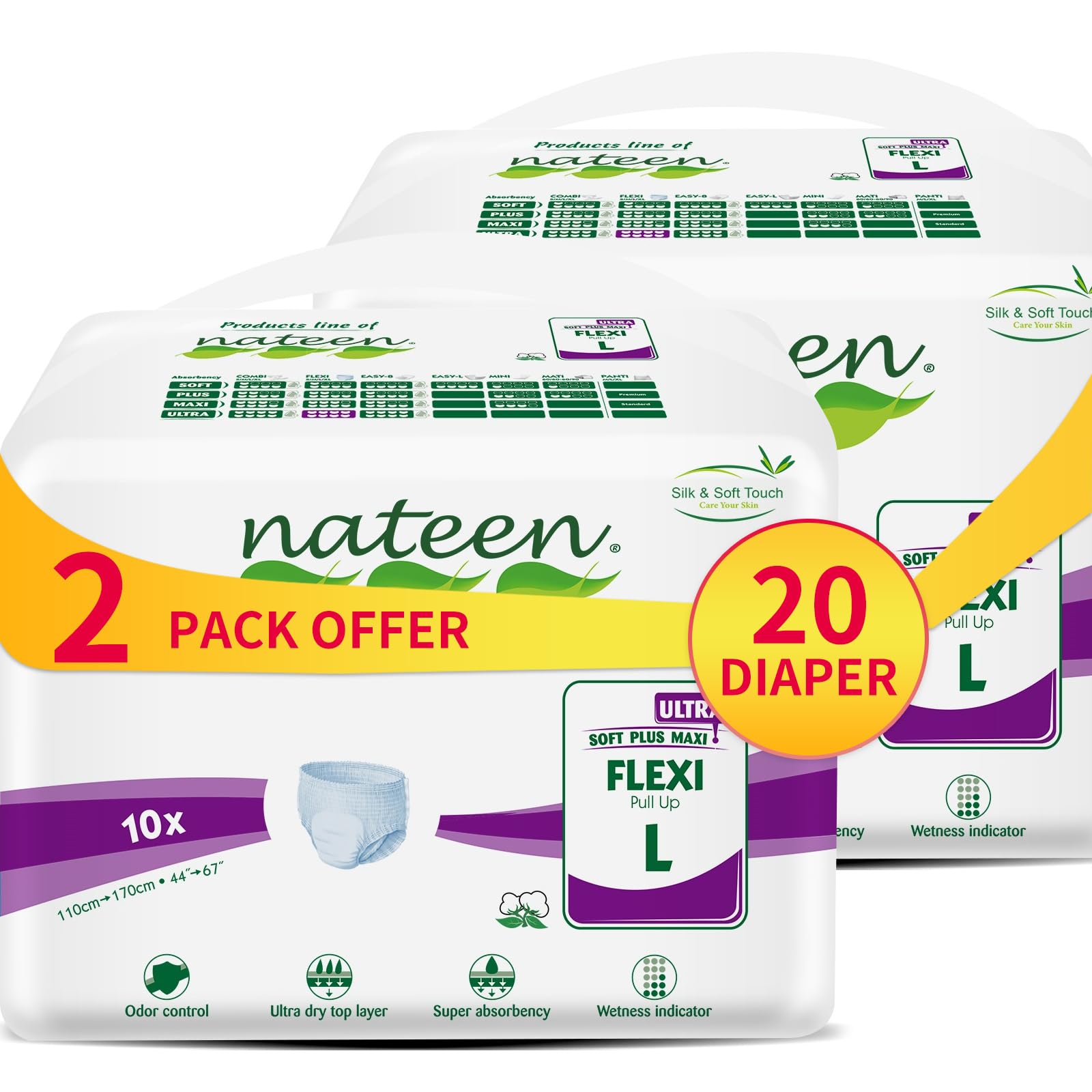 Nateen Flex Ultra Pull-Ups Size L pack 20 for heavy incontinence with all-day protection.