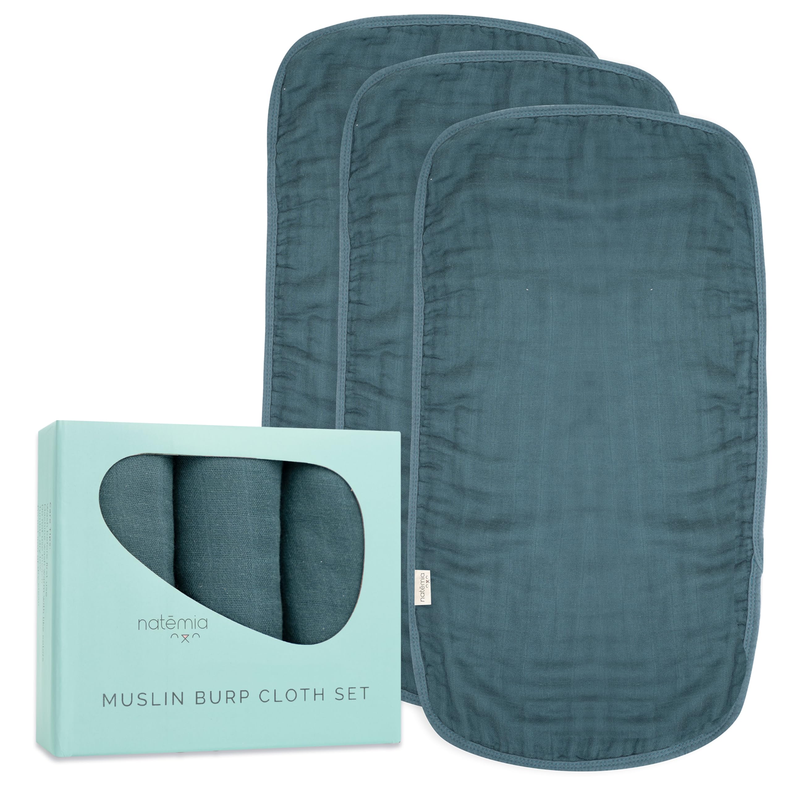 Natemia burp cloths oversized 21x11 draped over shoulder to catch spit-up