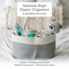 Natemia Diaper Caddy with rope handles keeps baby essentials organized on car trips.