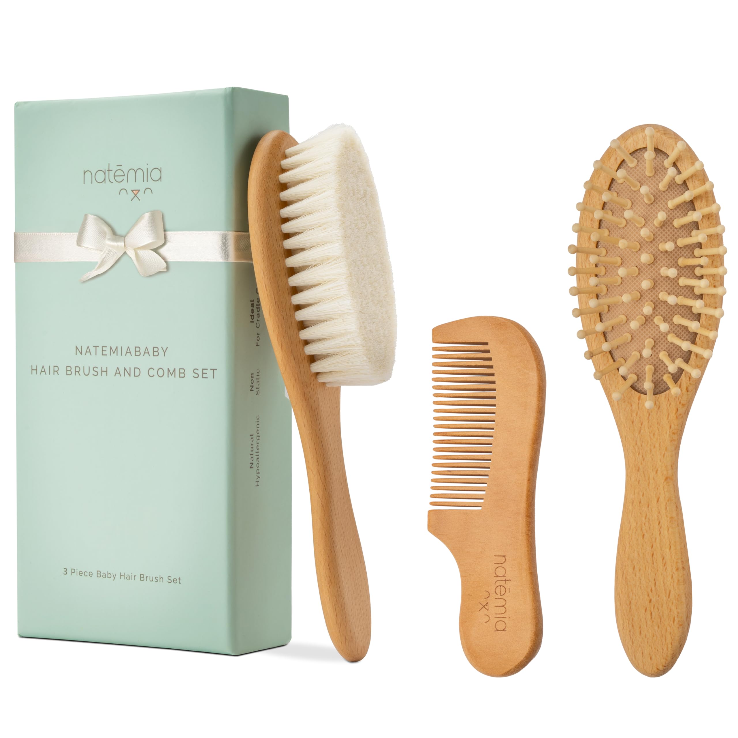 Natemia pack of three oval baby brushes and comb for simple grooming