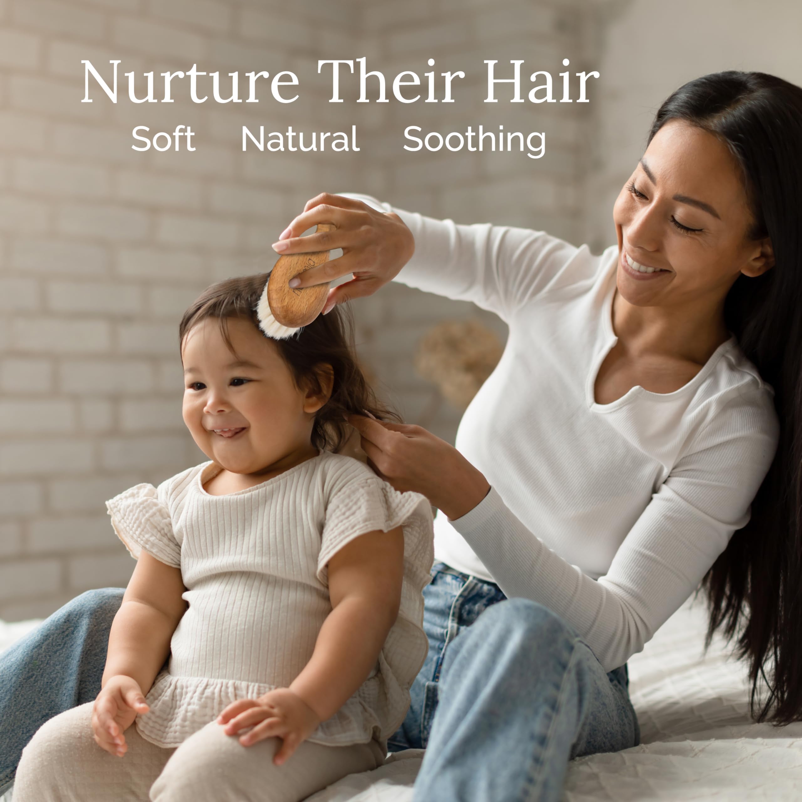 Natemia baby brush provides soothing scalp massage while distributing natural oils.