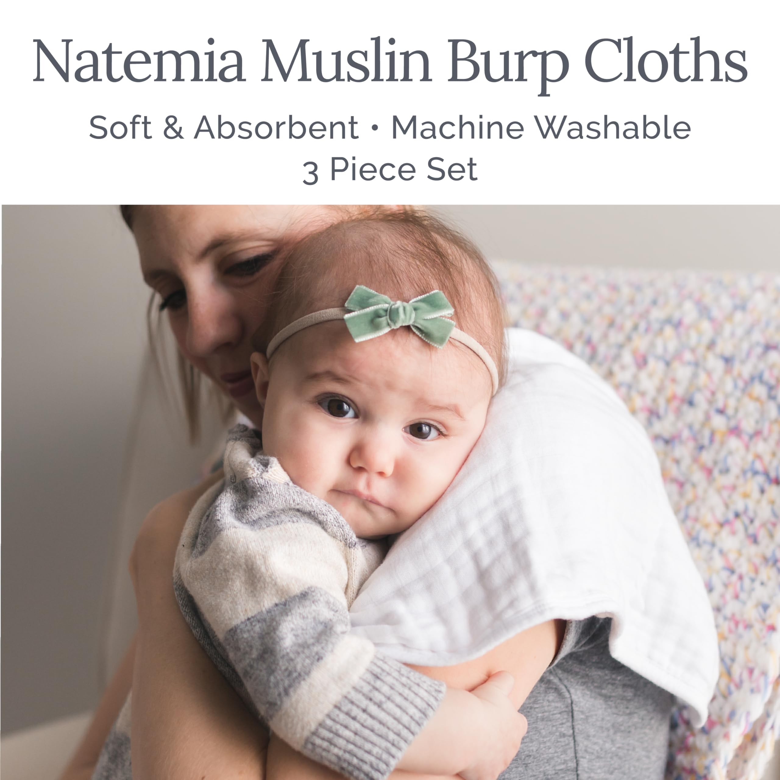 Natemia burp cloth six-layer muslin dries quickly after drool and milk.