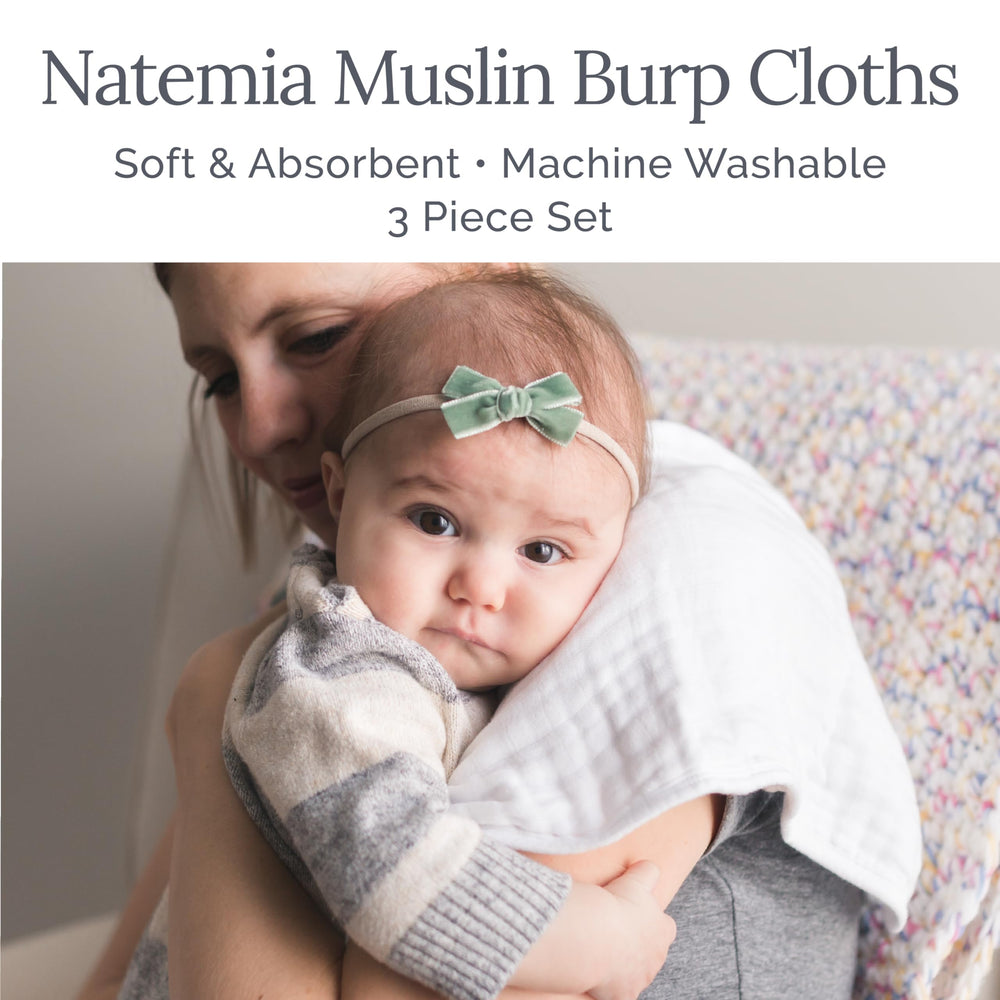 Natemia burp cloth six-layer muslin dries quickly after drool and milk.