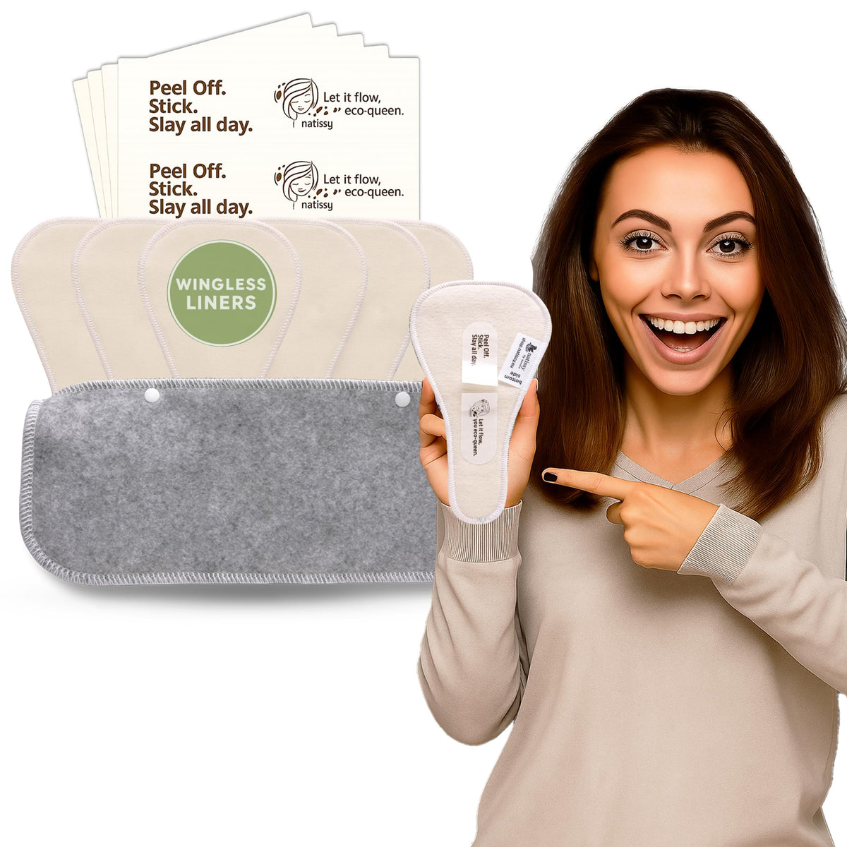 Natissy 2-in-1 wingless panty liner with stay-put adhesive for active wear.