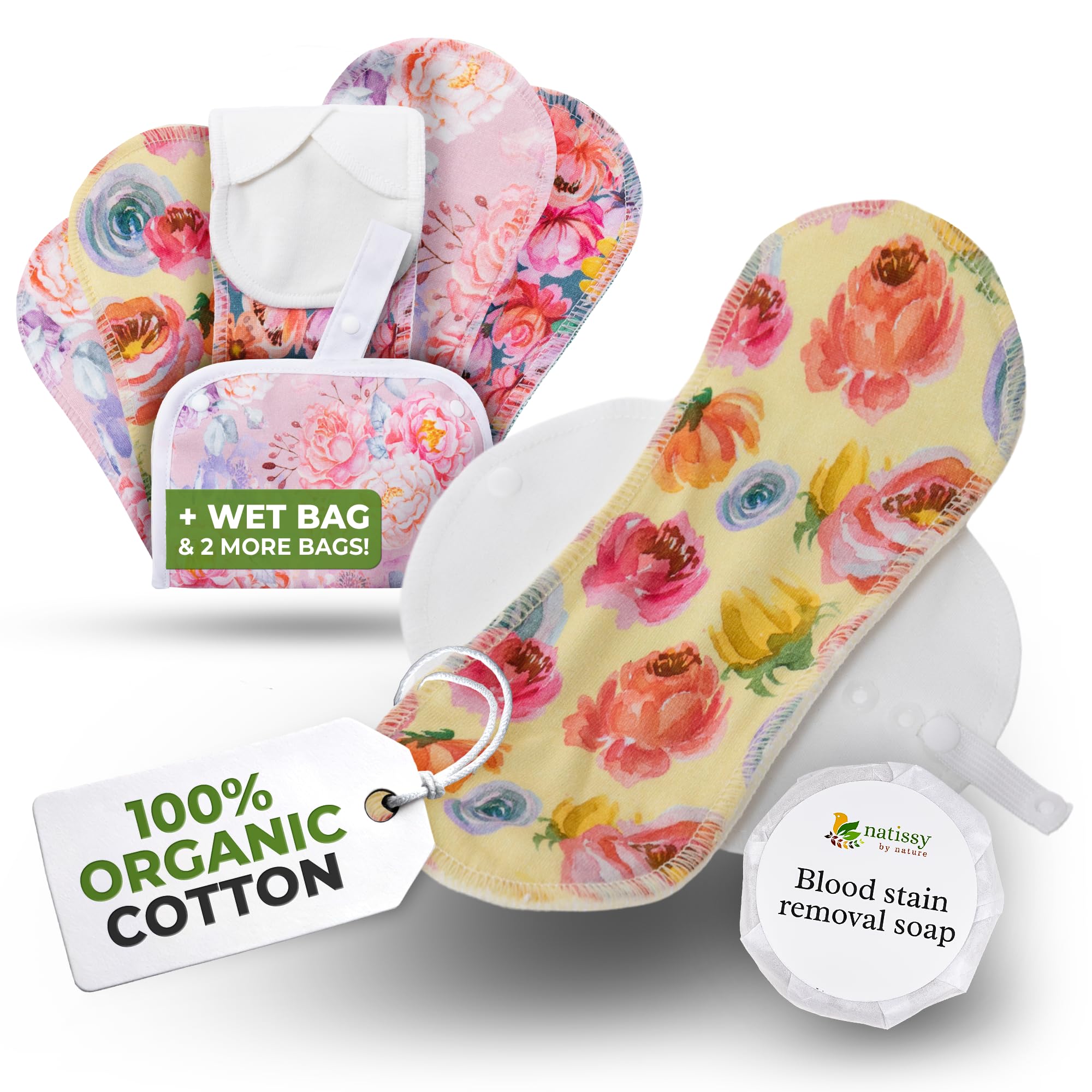 Natissy organic cotton reusable pad for light flow, packaged as a convenient 6-pack.