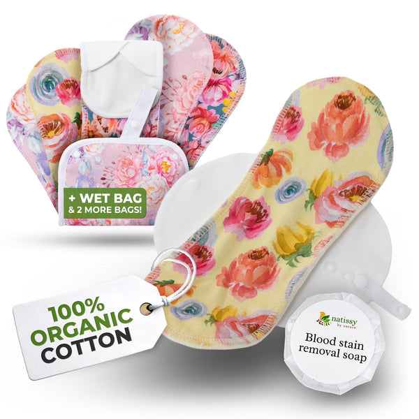 Natissy organic cotton reusable pad for light flow, packaged as a convenient 6-pack.