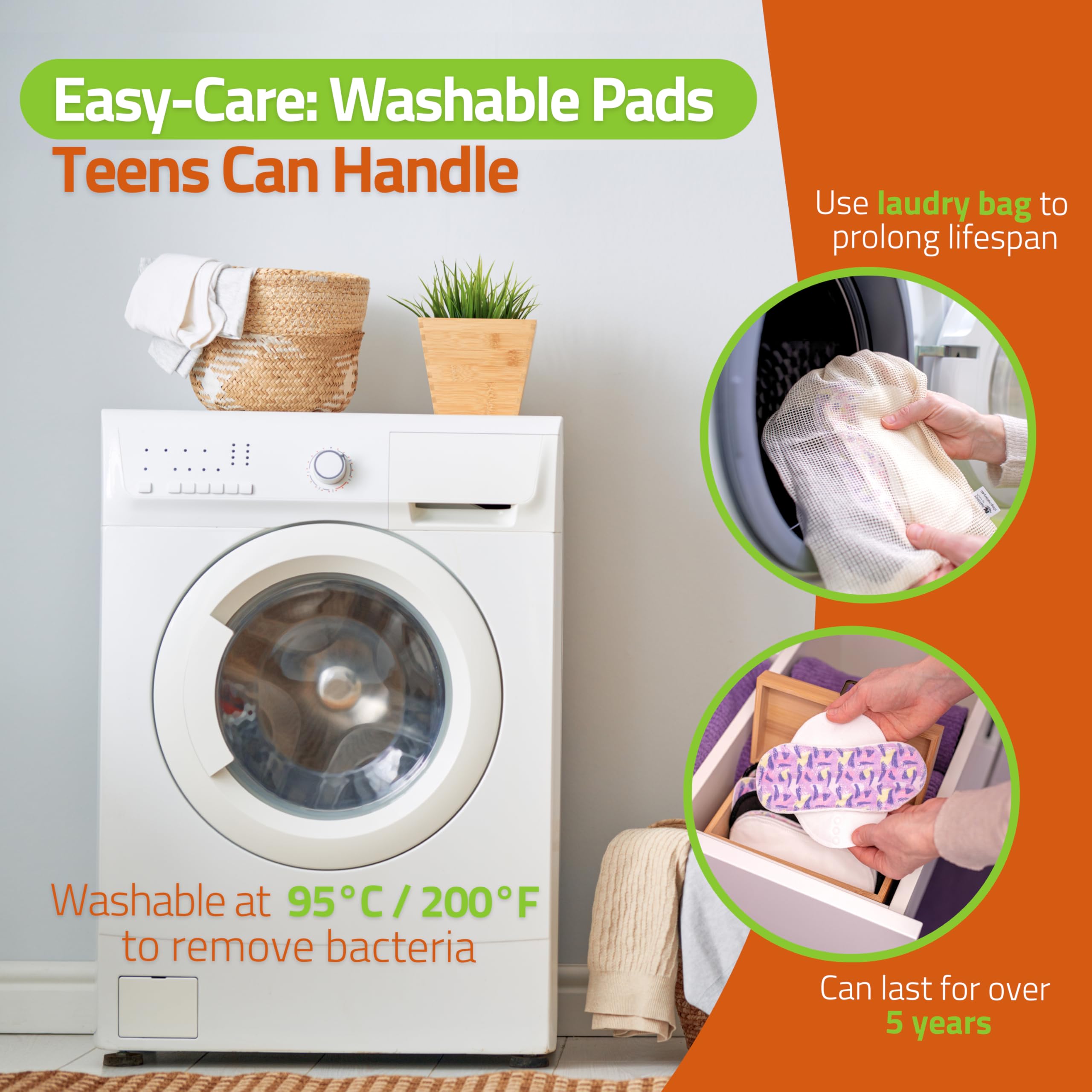 Natissy washable pads withstand up to 200°F for deep-cleaning after use.
