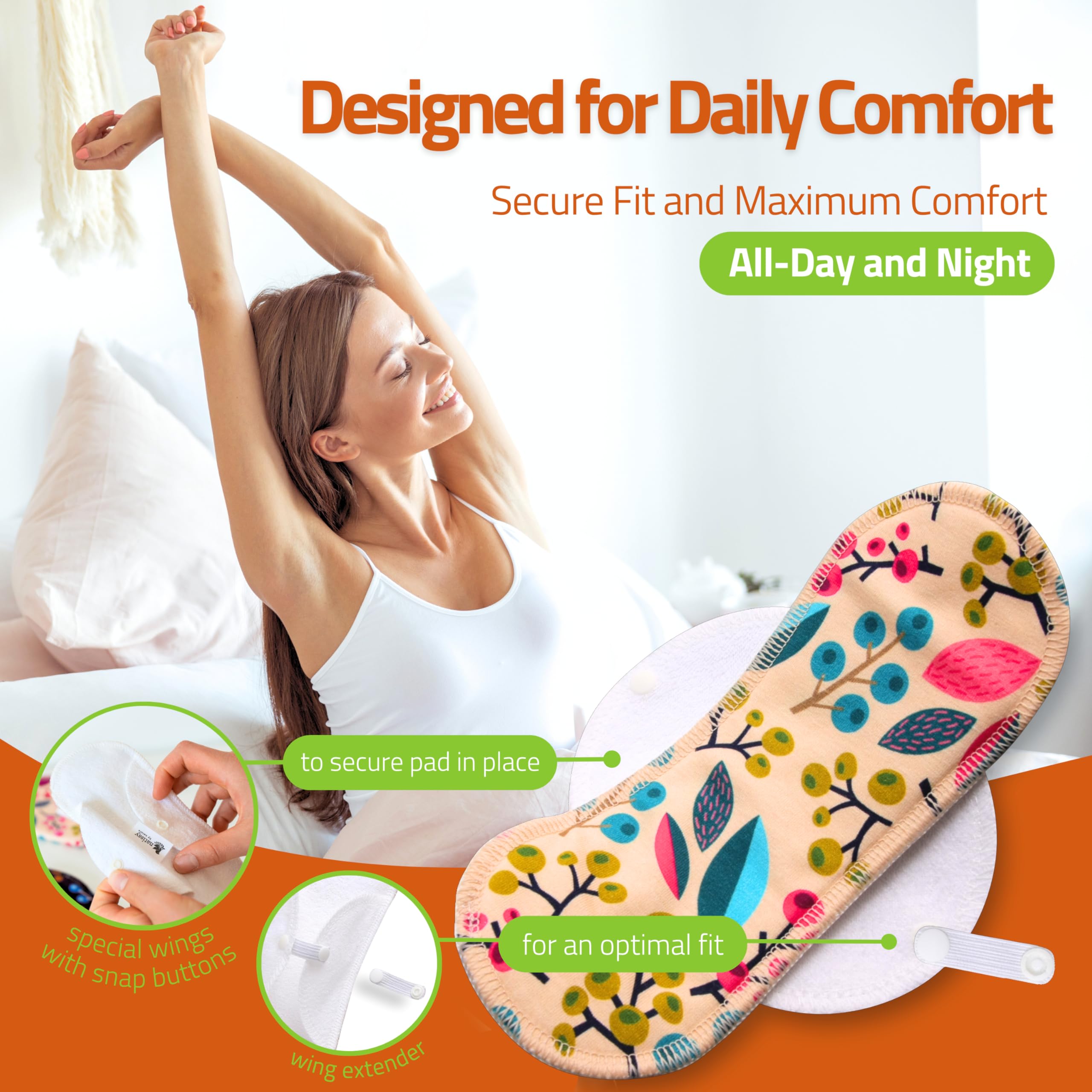 Natissy wing closures closeup demonstrates secure, stay-put fit for all-day confidence.