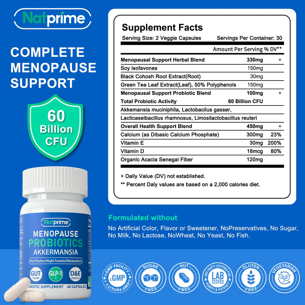 Natprime menopause capsules closeup highlighting probiotic capsules for gut health