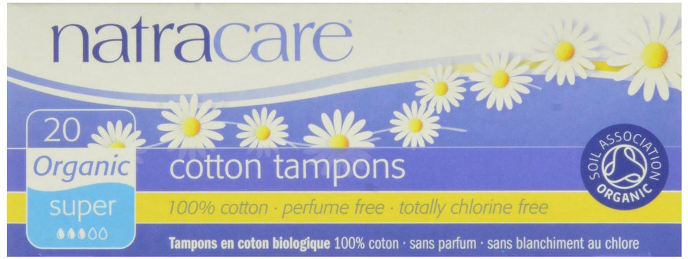Natracare 2000 organic all cotton non-applicator tampons packaging shows eco-conscious design.