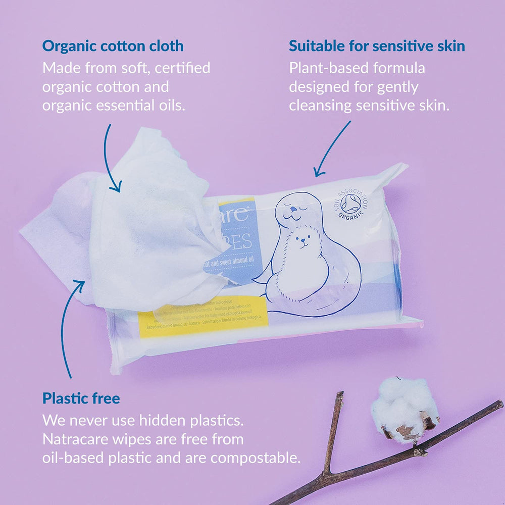 Natracare wipes with apricot oil infusion to refresh skin after meals.