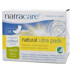 Natracare Cotton Natural Ultra Pads with Wings front pack view for secure daily wear.