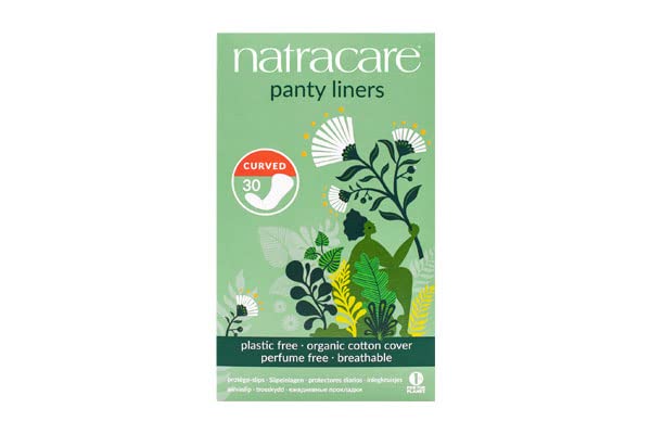 Natracare curved liners packaging shows a 150-count pack for daily use