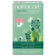 Natracare curved panty liner with breathable organic cotton cover for everyday comfort.