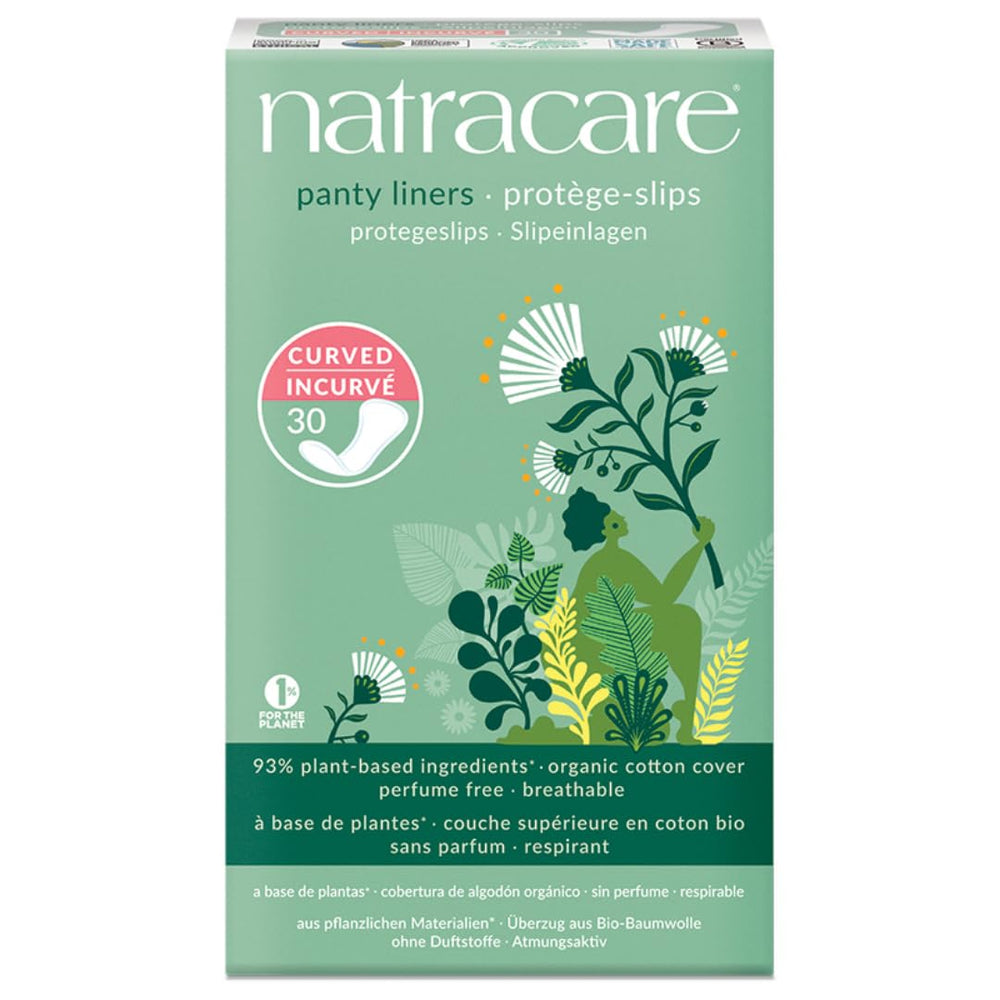 Natracare curved panty liners bulk pack with 30 liners each for daily discreet protection.