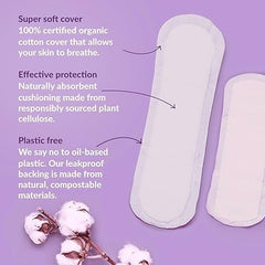 Natracare Dry and Light pads packaging closeup emphasizes soft, skin-friendly materials.