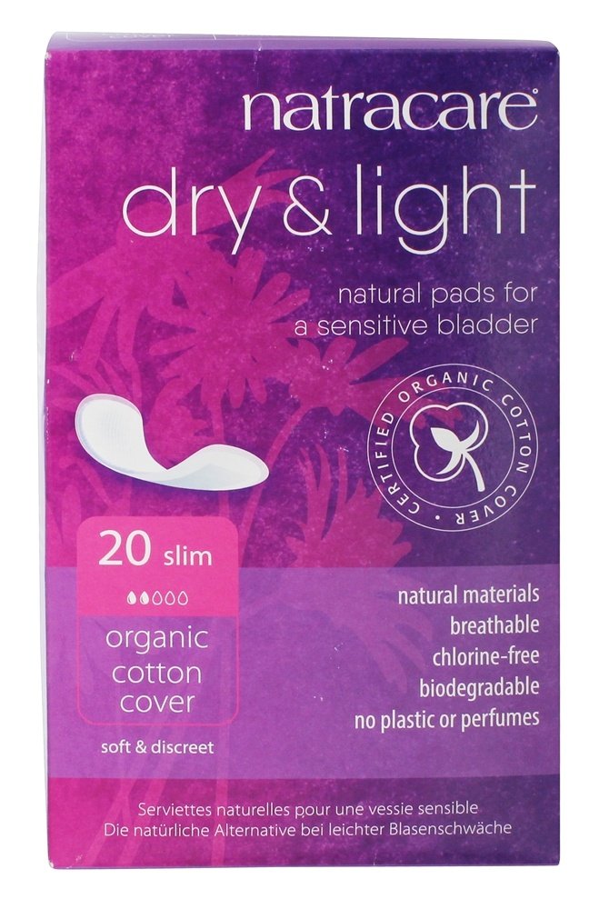 Natracare Dry & Light pad front view in a pack, offering lightweight protection for everyday wear.