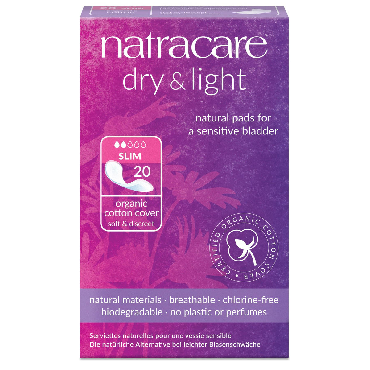 Natracare Dry and Light pads packaging highlights plastic-free design for sustainable use.
