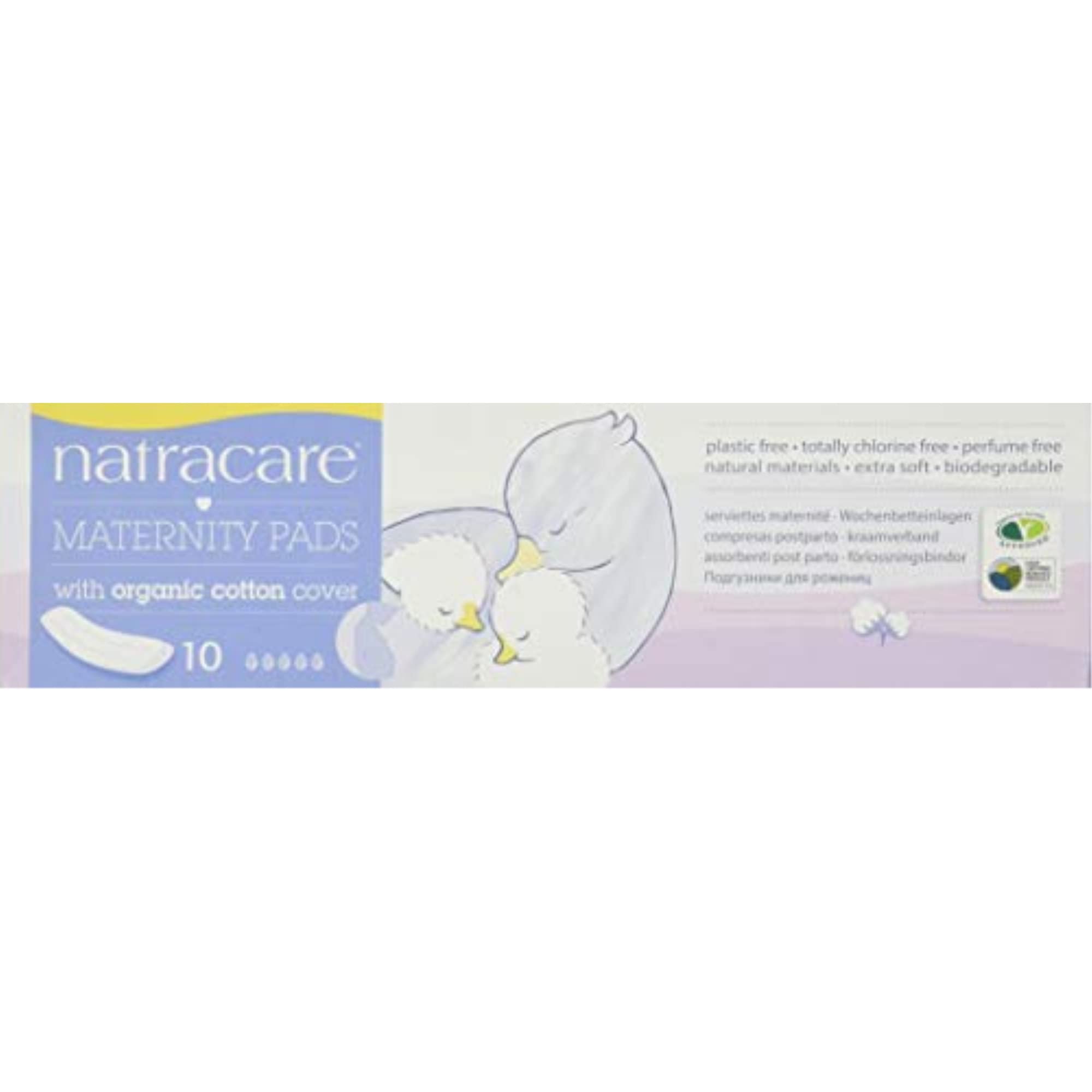 Natracare maternity pads packaging close-up shows discreet, ready-to-use protection
