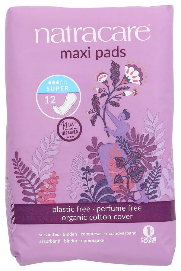 Natracare Maxi Pads Super with organic cotton cover offer soft, breathable protection.