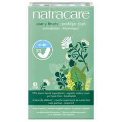 Natracare mini panty liners front view shows breathable organic cotton for daily comfort.